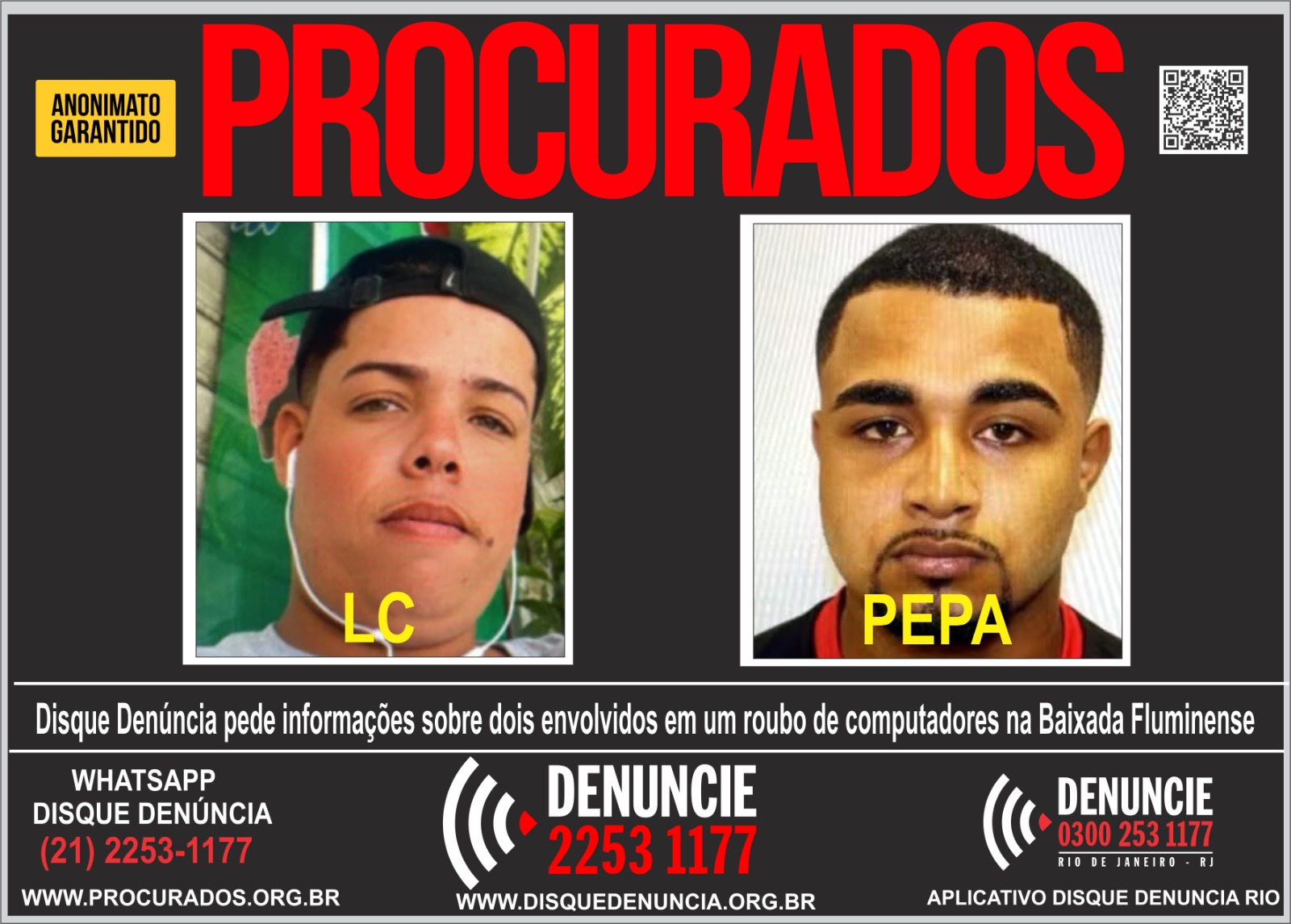 Disque Denúncia pede informações sobre dois acusados de roubar computadores e monitores em Duque de Caxias, na Baixada Fluminense